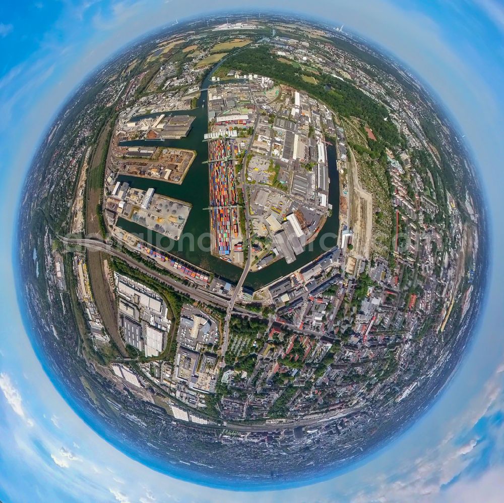 Dortmund from above - Fisheye perspective container Terminal in the port of the inland port of Container Terminal Dortmund GmbH on street Kanalstrasse in Dortmund at Ruhrgebiet in the state North Rhine-Westphalia, Germany