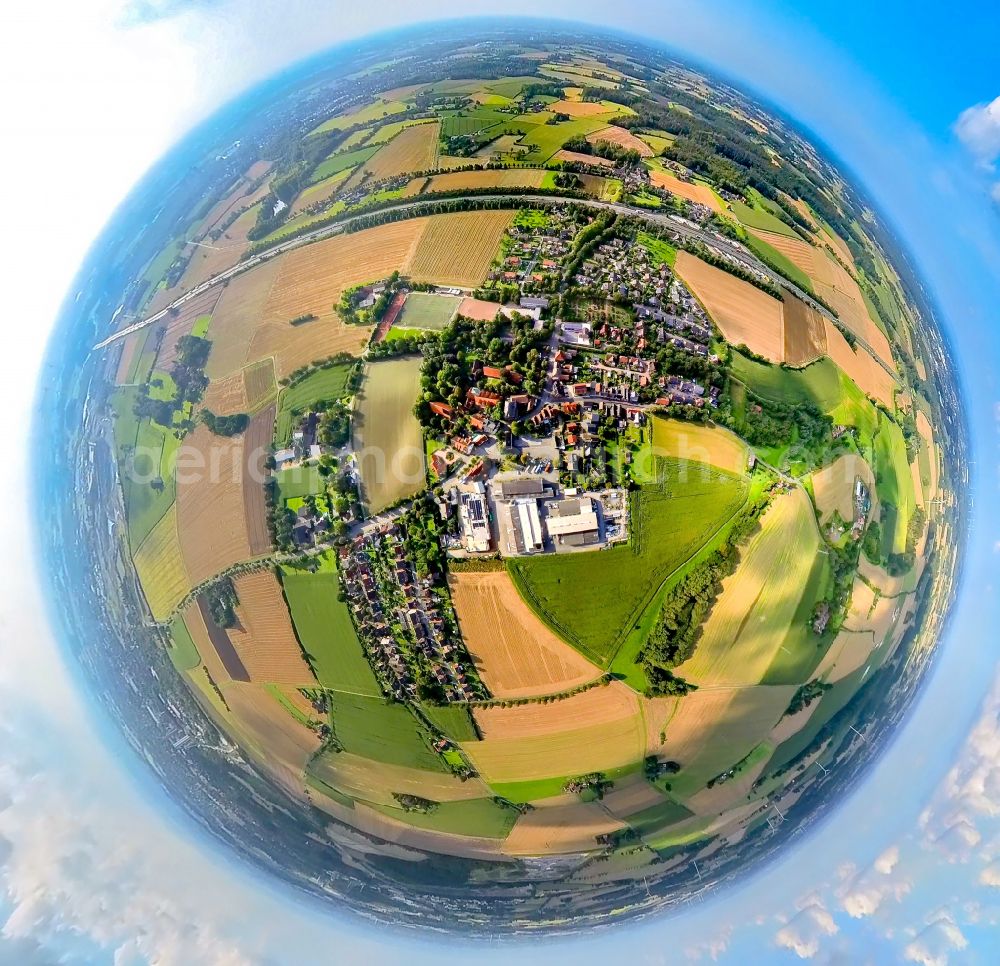 Aerial photograph Vellern - Fisheye perspective village - view on the edge of agricultural fields and farmland in Vellern in the state North Rhine-Westphalia, Germany