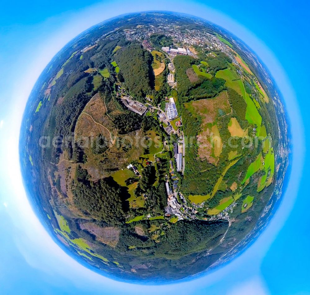 Aerial photograph Hasperbach - Fisheye perspective village - view on the edge of forested areas in Hasperbach at Ruhrgebiet in the state North Rhine-Westphalia, Germany