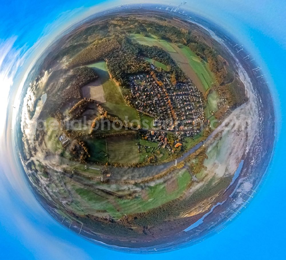 Aerial photograph Flaesheim - Fisheye perspective view high humidity with haze weather conditions on Wesel-Datteln-Kanal in Flaesheim at Ruhrgebiet in the state North Rhine-Westphalia, Germany