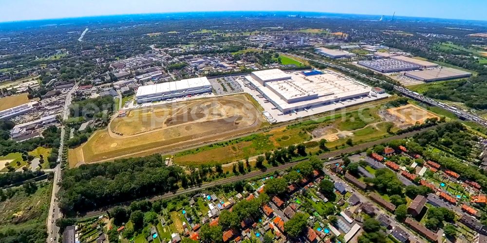 Aerial image Oberhausen - Fisheye perspective warehouses and forwarding building of the Edeka logistics center and logistics center of the online supermarket Picnic in the Weierheide industrial park in Oberhausen in the Ruhr area in the state of North Rhine-Westphalia, Germany