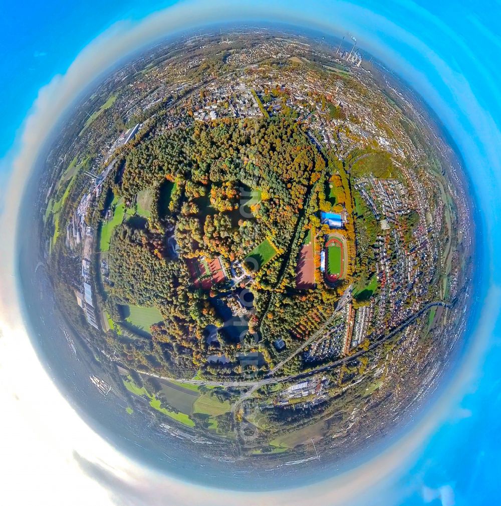 Aerial image Gladbeck - Fisheye perspective ensemble of sports grounds of Sportstadions Vestische Kampfbahn and dem Freibad Gladbeck in Gladbeck at Ruhrgebiet in the state North Rhine-Westphalia, Germany