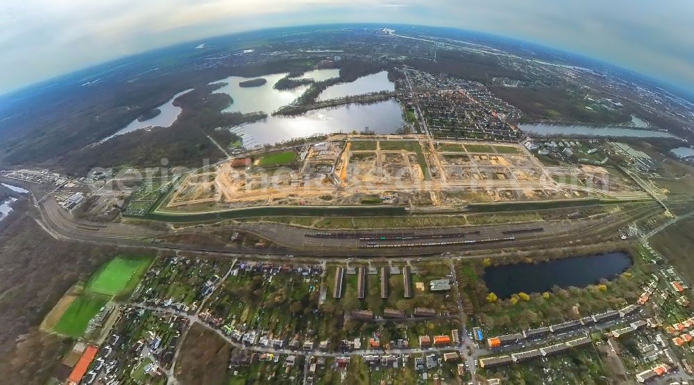 Duisburg from above - Fisheye perspective development area and building land for the new construction of the Quartier am Wasserturm in the Wedau district in Duisburg in the Ruhr area in the state North Rhine-Westphalia, Germany