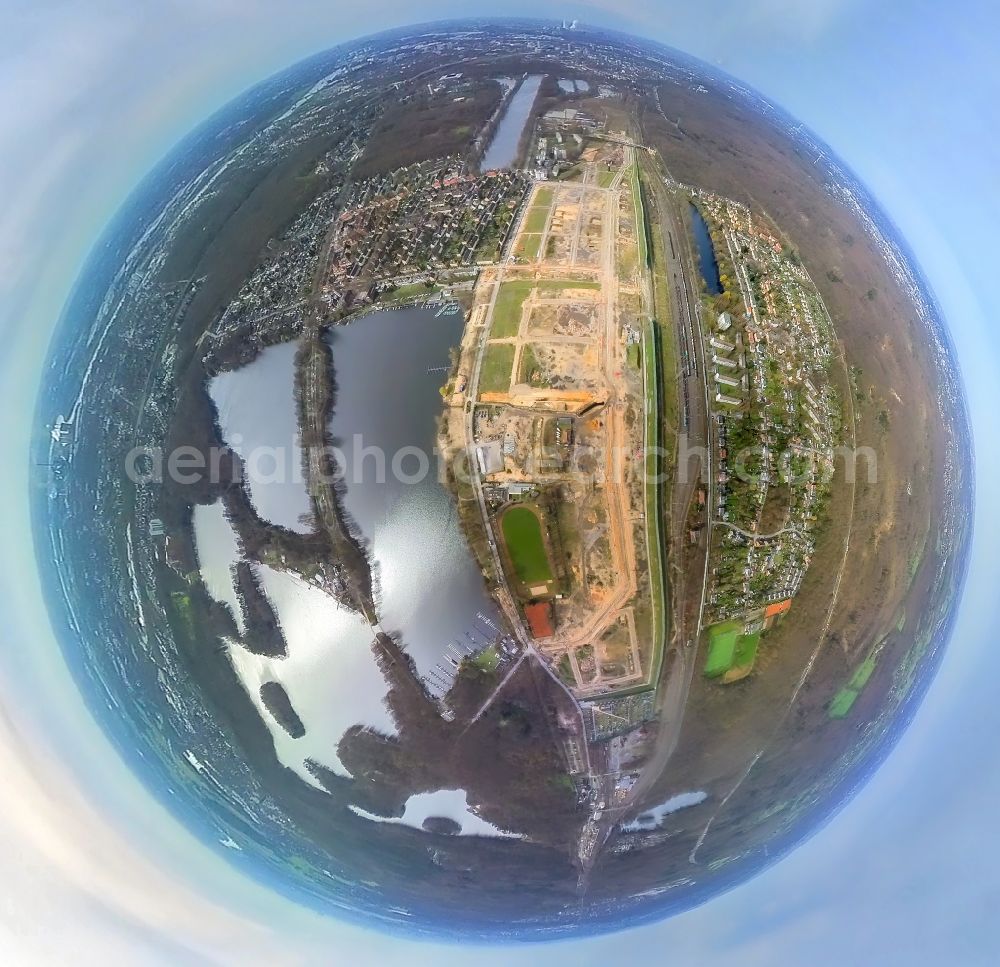 Duisburg from the bird's eye view: Fisheye perspective development area and building land for the new construction of the Quartier am Wasserturm in the Wedau district in Duisburg in the Ruhr area in the state North Rhine-Westphalia, Germany