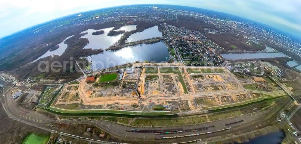 Duisburg from above - Fisheye perspective development area and building land for the new construction of the Quartier am Wasserturm in the Wedau district in Duisburg in the Ruhr area in the state North Rhine-Westphalia, Germany