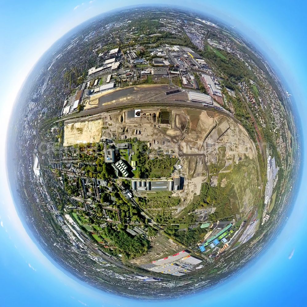 Aerial image Dortmund - Fisheye perspective development area of the industrial wasteland of Dortmund Logistik GmbH of the DSW21 group with railway depot Siemens Rail Service Center on the site of the former Westfalenhuette in Dortmund at Ruhrgebiet in the state of North Rhine-Westphalia