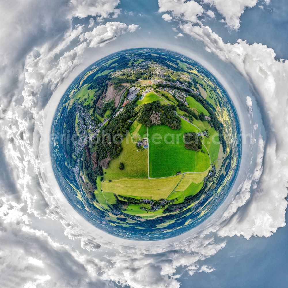 Kürten from above - Fisheye perspective agricultural fields with adjacent forest and forest areas in Kuerten in the state North Rhine-Westphalia, Germany