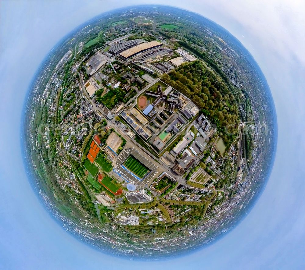 Aerial photograph Bochum - Fisheye perspective fisheye perspective football stadium Vonovia Ruhrstadion on street Castroper Strasse in the district Bochum Mitte in Bochum at Ruhrgebiet in the state North Rhine-Westphalia, Germany