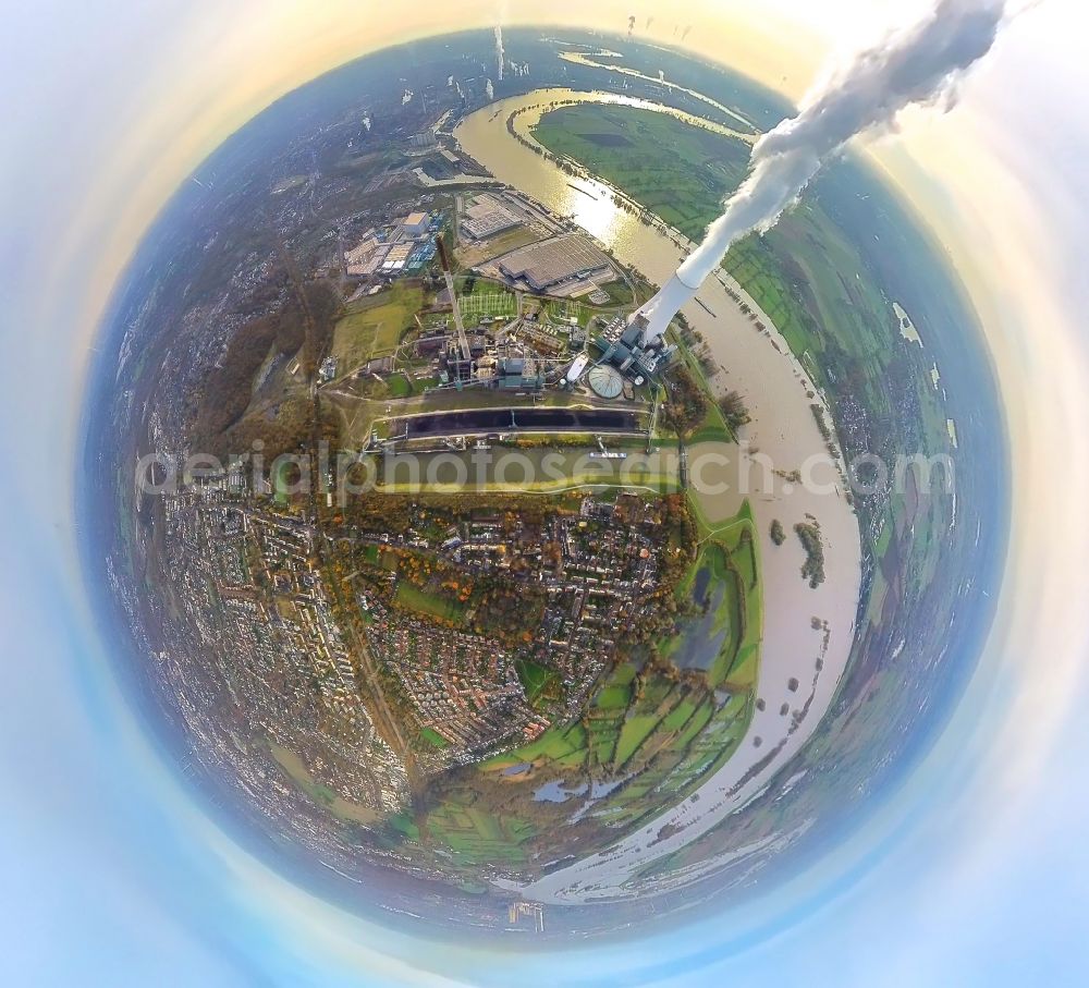 Aerial photograph Duisburg - Fisheye perspective fisheye perspective hard coal power plant STEAG Kraftwerk Duisburg-Walsum on the river course of the Rhine during floods in the district Alt-Walsum in Duisburg in the state of North Rhine-Westphalia, Germany