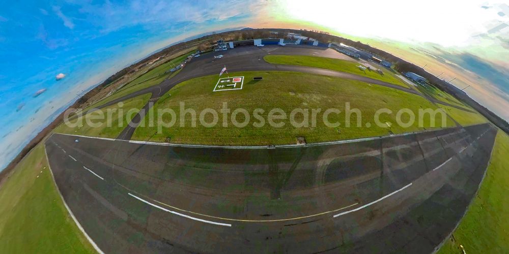 Hünxe from above - Fisheye perspective runway with tarmac terrain of airfield Flugplatz Schwarze Heide in Huenxe in the state North Rhine-Westphalia, Germany