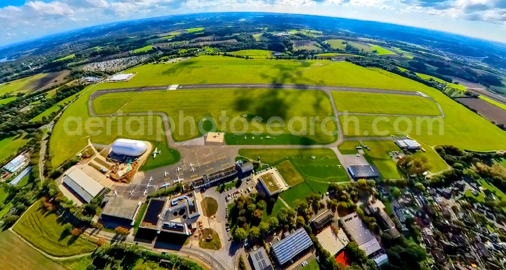 Aerial image Mülheim an der Ruhr - Fisheye perspective runway with taxiway area of the airfield with airship hangars of WDL Luftschiff GmbH in Muelheim an der Ruhr in the federal state of North Rhine-Westphalia