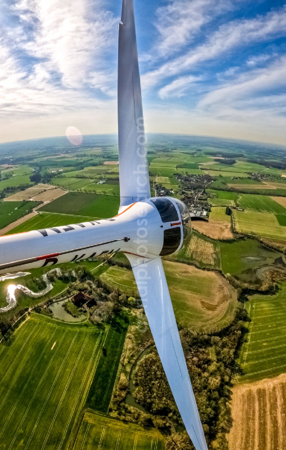 Aerial image Süddinker - Fisheye perspective - Diamond HK36 Super Dimona Aircraft in flight over the airspace in Sueddinker at Ruhrgebiet in the state North Rhine-Westphalia, Germany