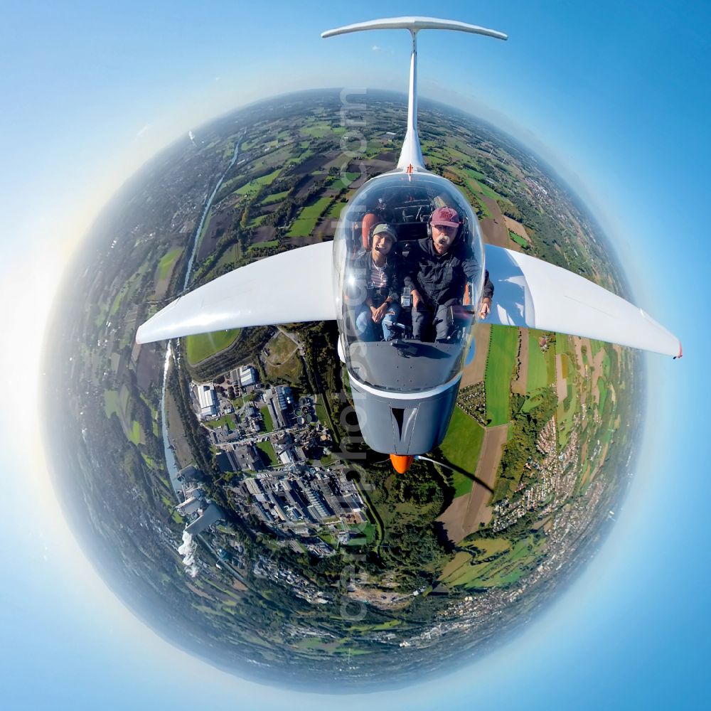 Dortmund from above - Fisheye perspective - Motor glider H36 DIMONA Aircraft in flight over the airspace in Dortmund at Ruhrgebiet in the state North Rhine-Westphalia, Germany