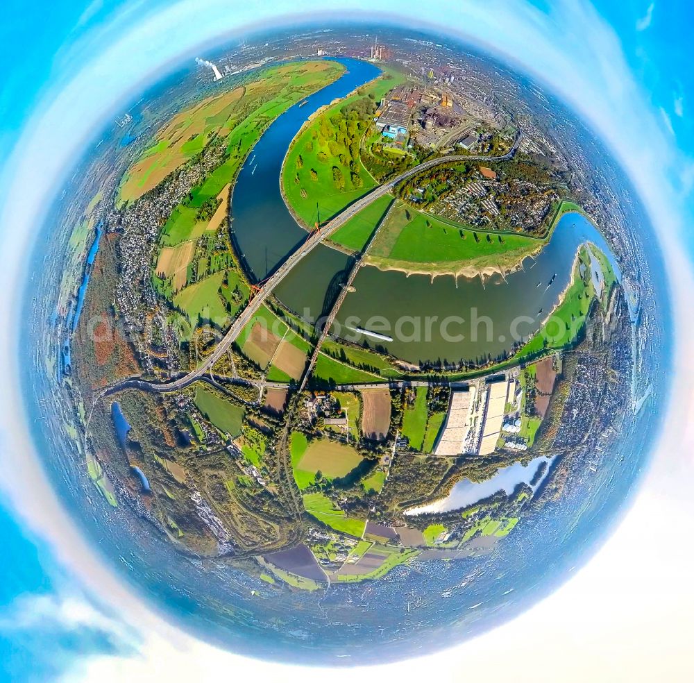 Duisburg from the bird's eye view: Fisheye perspective river - bridge construction - A42 highway bridge and railway bridge over the Rhine in the district Baerl in Duisburg at Ruhrgebiet in North Rhine-Westphalia