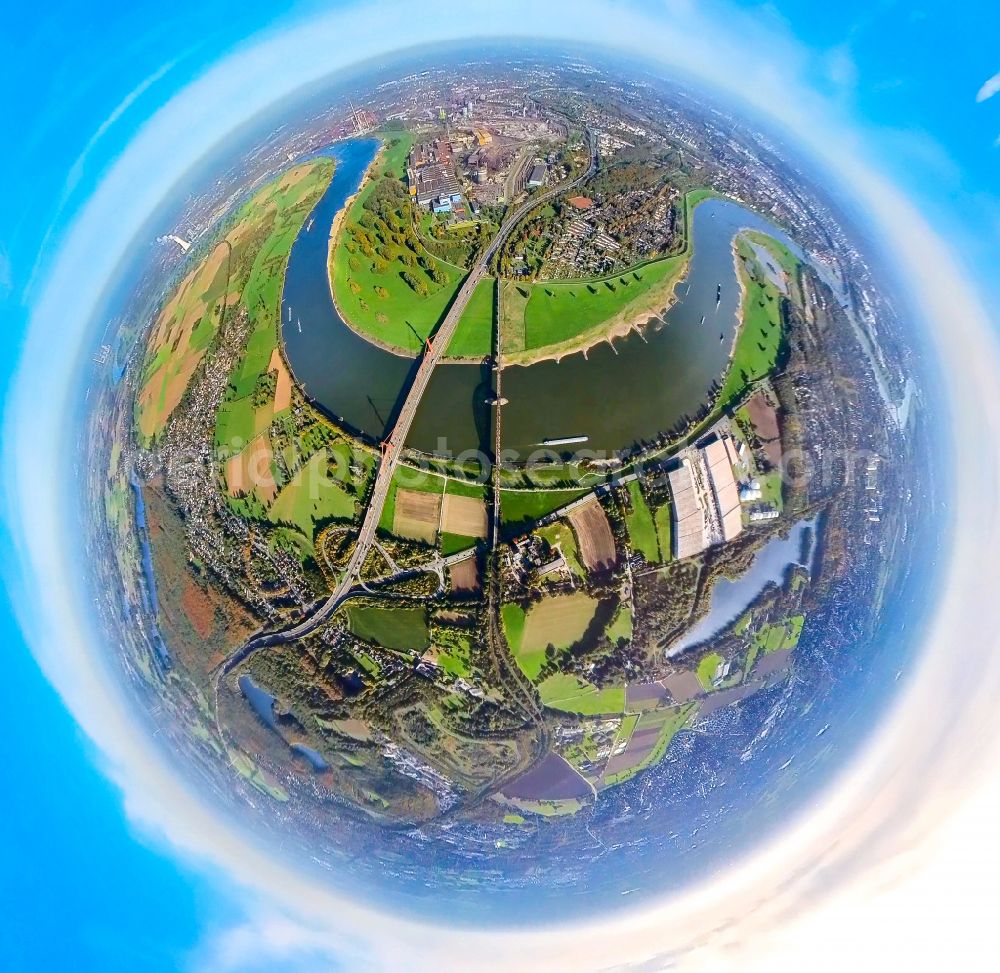 Aerial image Duisburg - Fisheye perspective river - bridge construction - A42 highway bridge and railway bridge over the Rhine in the district Baerl in Duisburg at Ruhrgebiet in North Rhine-Westphalia