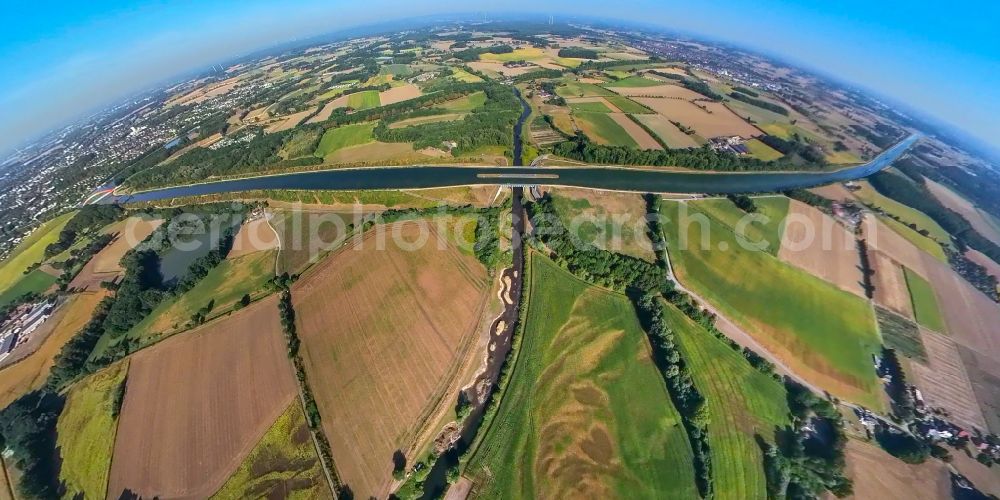 Pelkum from above - Fisheye perspective river - bridge construction of Kanalbruecke Lippe Neue Fahrt in the district Suelsen in Pelkum in the state North Rhine-Westphalia, Germany