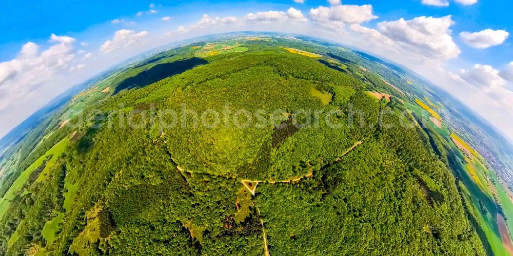 Nieheim from above - Fisheye perspective forest areas in Hinnenburger Forst on street Halit in Nieheim in the state North Rhine-Westphalia, Germany