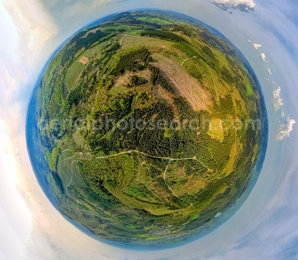Kreuztal from the bird's eye view: Fisheye perspective forest areas in on Kindelsberg on street Hesse Stein in the district Littfeld in Kreuztal at Siegerland in the state North Rhine-Westphalia, Germany