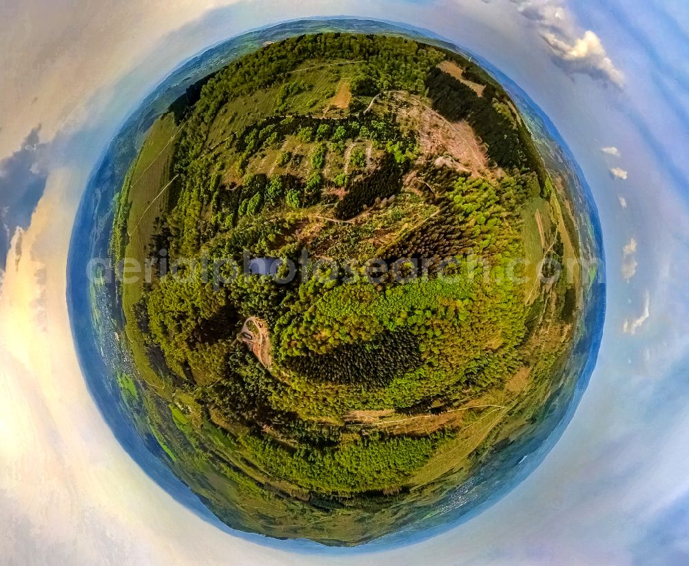 Kreuztal from above - Fisheye perspective forest areas in on Kindelsberg on street Hesse Stein in the district Littfeld in Kreuztal at Siegerland in the state North Rhine-Westphalia, Germany