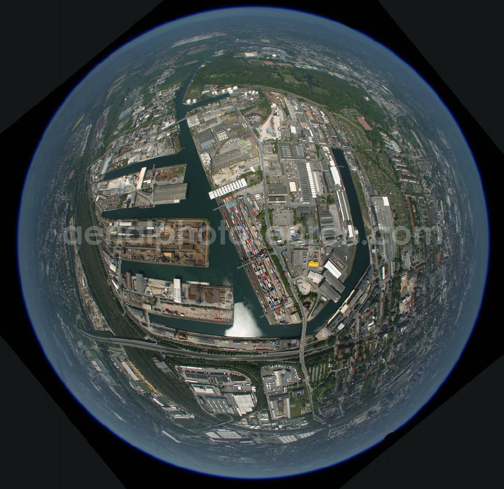 Aerial image Dortmund - Fish eye - Perspektive auf das Gelände des Dortmunder Eisenhafen. Fish eye - view on the site of the Dortmund Iron Port.