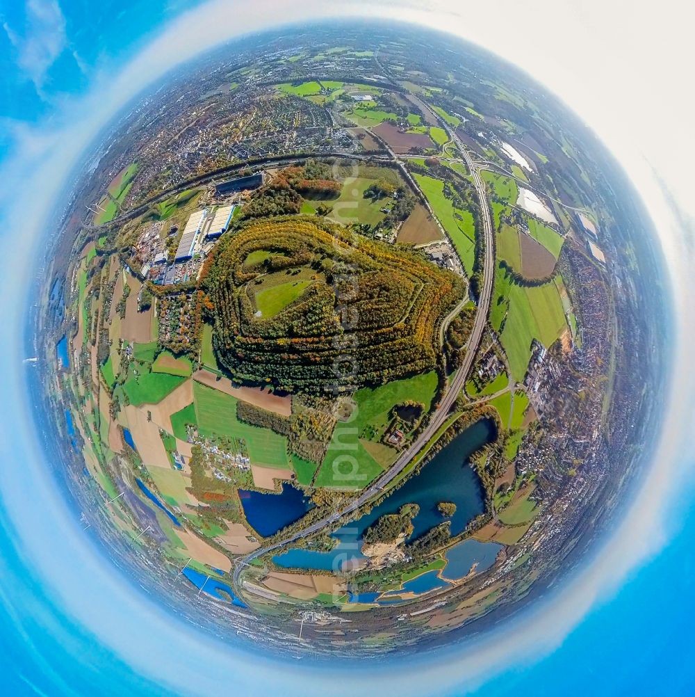 Muspasch from above - Fisheye perspective reclamation site of the former mining dump Halde Pattberg in Muspasch in the state North Rhine-Westphalia, Germany