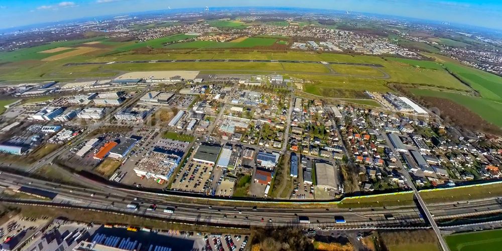 Aerial photograph Dortmund - Fisheye perspective runway with hangar taxiways and terminals on the grounds of the airport in Dortmund in the state North Rhine-Westphalia, Germany