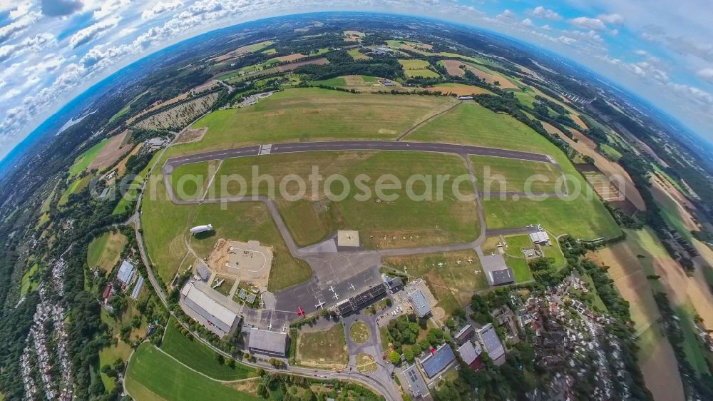 Mülheim an der Ruhr from the bird's eye view: Fisheye perspective on the grounds of the airport in the Flughafensiedlung district in Muelheim an der Ruhr in the Ruhr area in the state of North Rhine-Westphalia, Germany