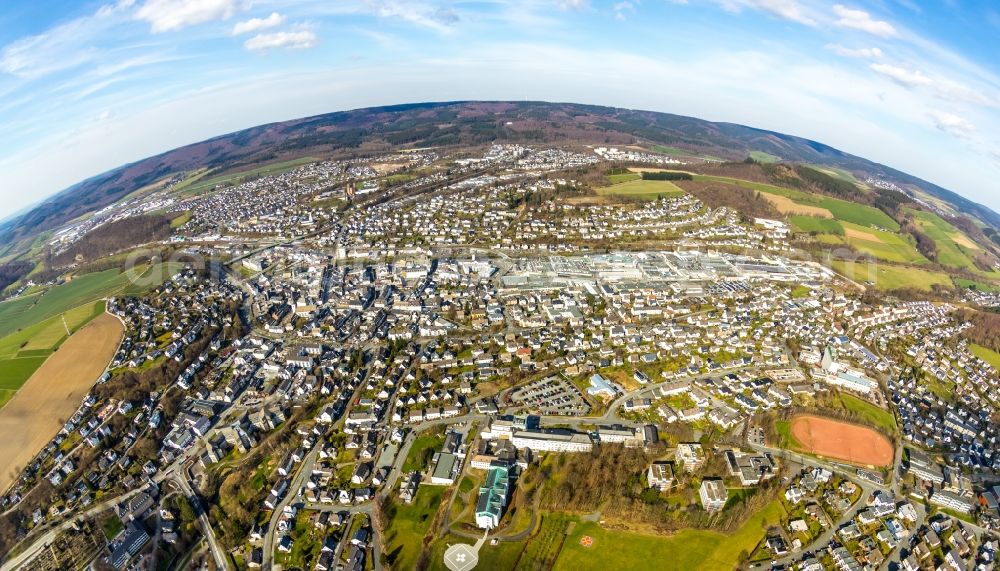 Meschede from the bird's eye view: Fisheye perspective city area with outside districts and inner city area in Meschede in the state North Rhine-Westphalia, Germany