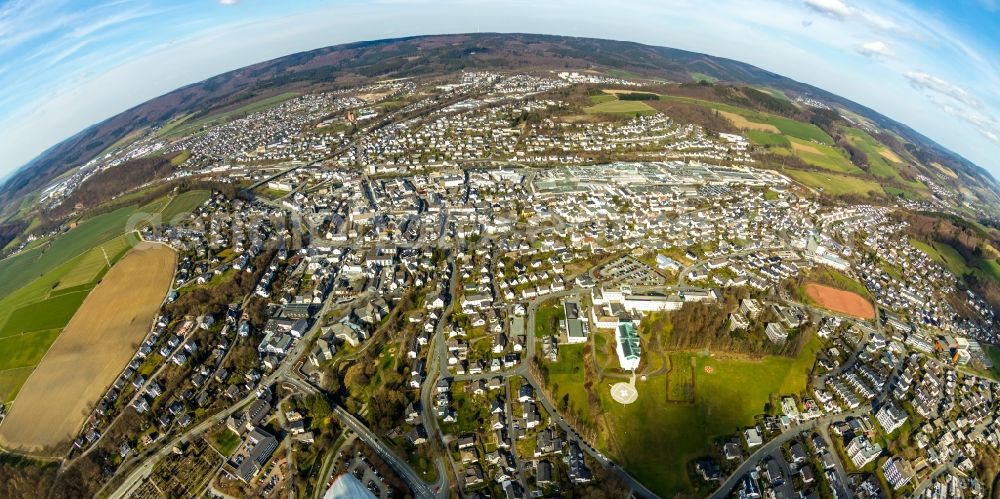 Aerial image Meschede - Fisheye perspective city area with outside districts and inner city area in Meschede in the state North Rhine-Westphalia, Germany