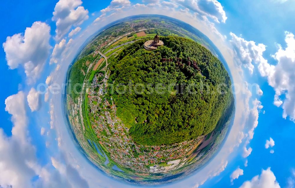 Aerial photograph Porta Westfalica - Fisheye perspective tourist attraction of the historic monument Kaiser-Wilhelm-Denkmal in Porta Westfalica in the state North Rhine-Westphalia, Germany