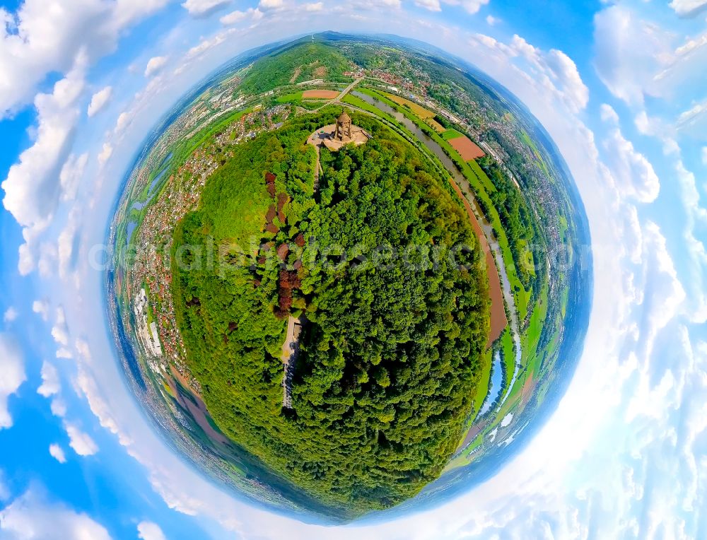 Porta Westfalica from the bird's eye view: Fisheye perspective tourist attraction of the historic monument Kaiser-Wilhelm-Denkmal in Porta Westfalica in the state North Rhine-Westphalia, Germany