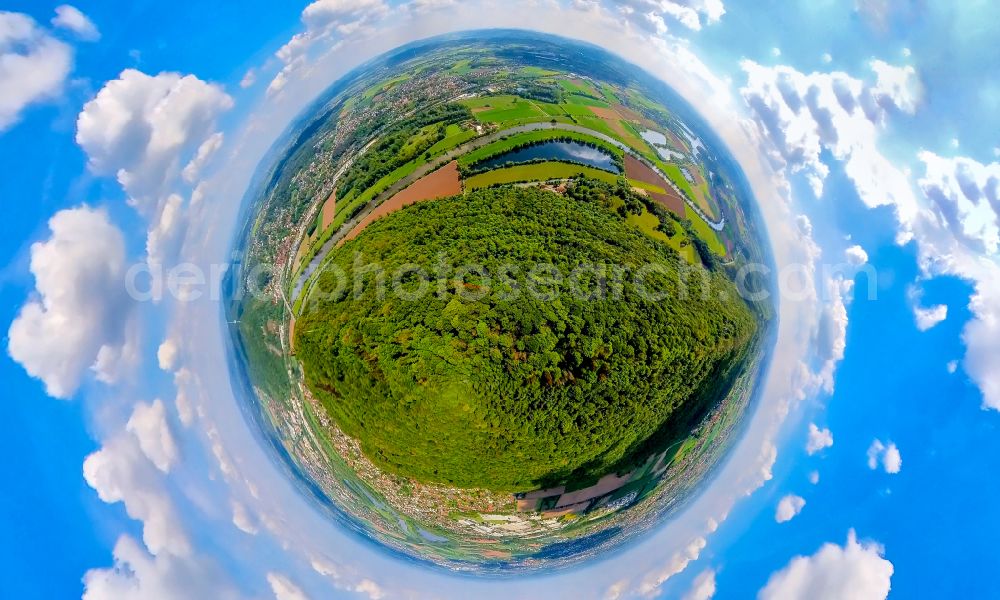 Aerial image Porta Westfalica - Fisheye perspective tourist attraction of the historic monument Kaiser-Wilhelm-Denkmal in Porta Westfalica in the state North Rhine-Westphalia, Germany