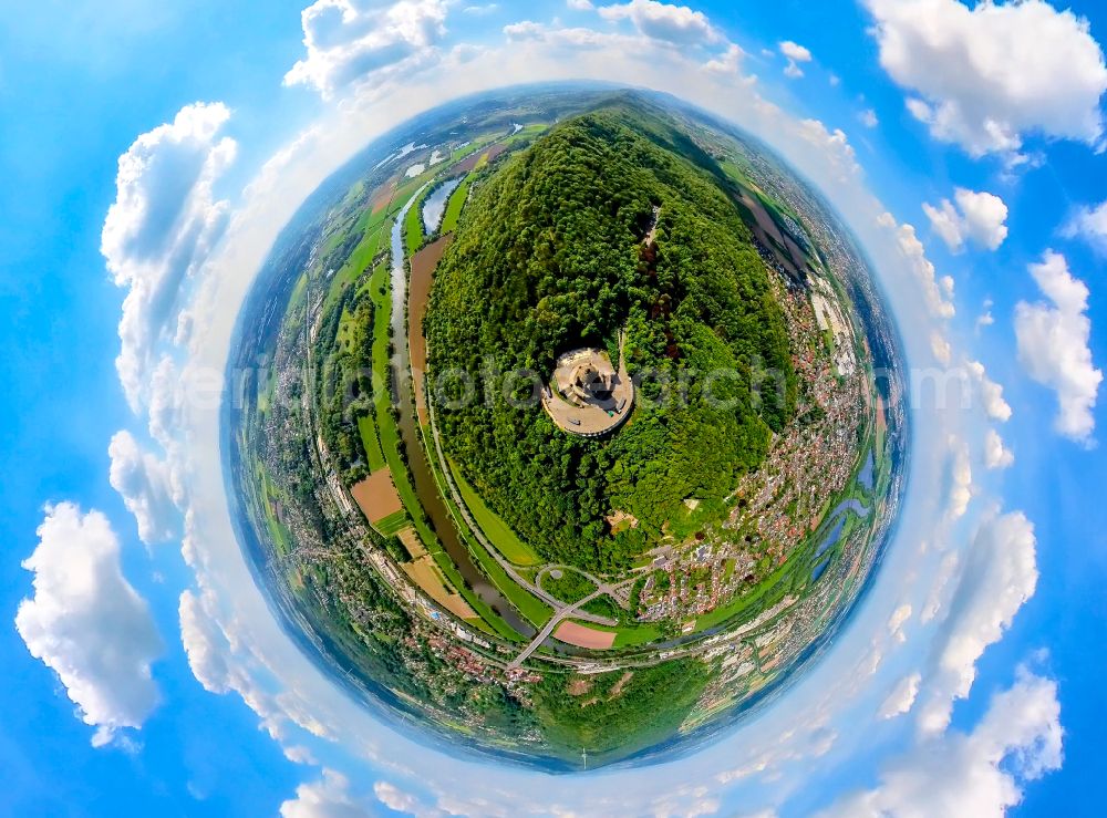 Porta Westfalica from above - Fisheye perspective tourist attraction of the historic monument Kaiser-Wilhelm-Denkmal in Porta Westfalica in the state North Rhine-Westphalia, Germany
