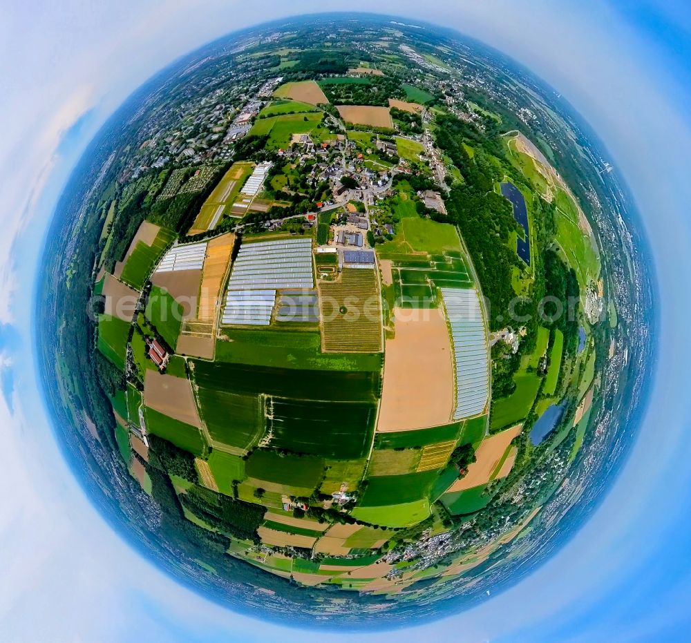 Dortmund from the bird's eye view: Fisheye perspective glass roof surfaces in the greenhouse for vegetable growing ranks Hof Mertin on street Boenninghauser Strasse in the district Grevel in Dortmund at Ruhrgebiet in the state North Rhine-Westphalia, Germany