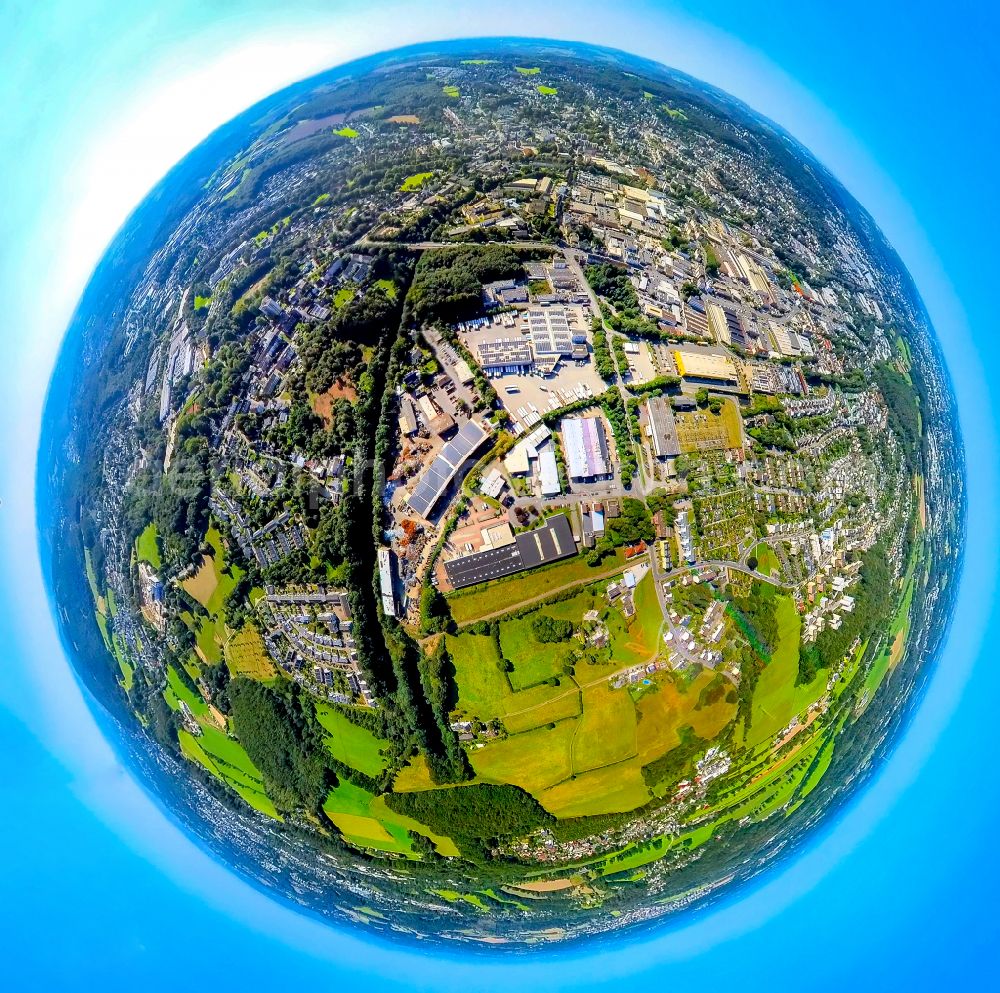 Schwelm from above - Fisheye perspective industrial estate and company settlement along the Berliner Strasse in Schwelm in the state North Rhine-Westphalia, Germany