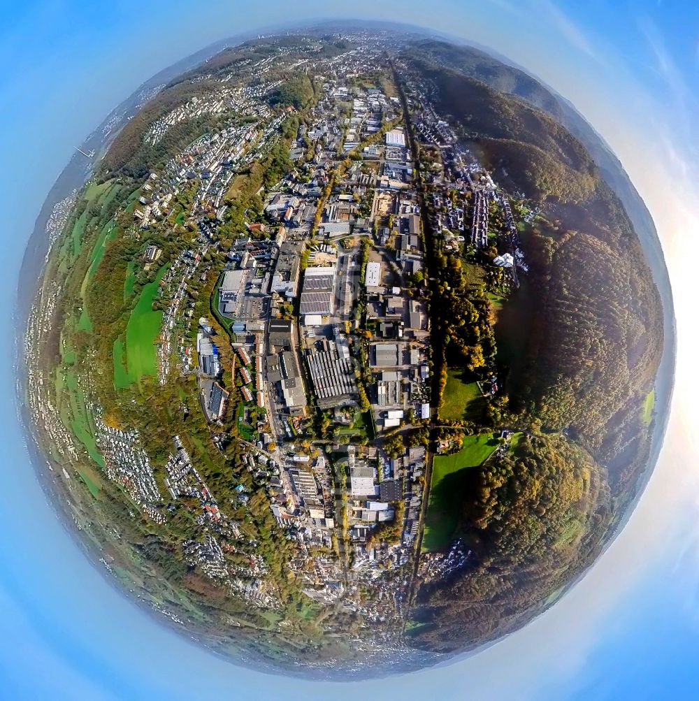 Aerial photograph Hagen - Fisheye perspective industrial estate and company settlement on street Berliner Strasse in the district Haspe in Hagen at Ruhrgebiet in the state North Rhine-Westphalia, Germany