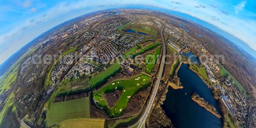 Aerial image Duisburg - Fisheye perspective grounds of the Golf course at Golf & More on street Altenbrucher Damm in the district Huckingen in Duisburg at Ruhrgebiet in the state North Rhine-Westphalia, Germany