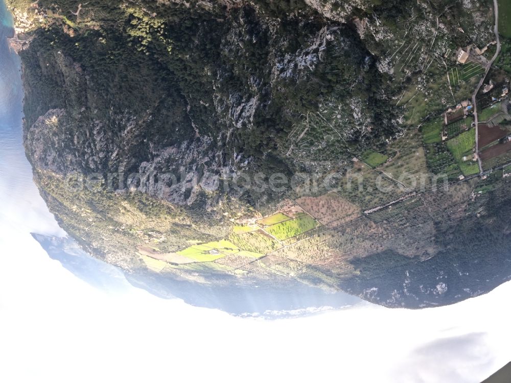 Valldemossa from the bird's eye view: Fisheye perspective structures of a field landscape in Valldemossa in Balearic island of Mallorca, Spain