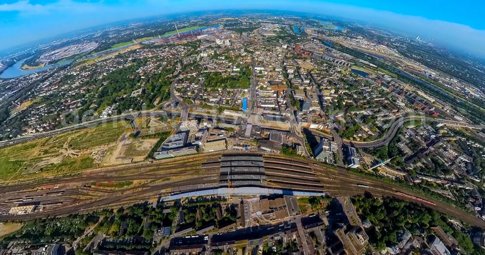 Aerial image Duisburg - Fisheye perspective track progress and building of the main station of the railway in the district Neudorf-Nord in Duisburg at Ruhrgebiet in the state North Rhine-Westphalia, Germany