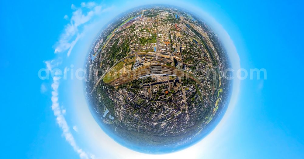 Aerial photograph Duisburg - Fisheye perspective track progress and building of the main station of the railway in the district Neudorf-Nord in Duisburg at Ruhrgebiet in the state North Rhine-Westphalia, Germany