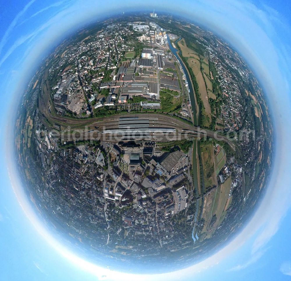 Hamm from the bird's eye view: Fisheye perspective building of the main train station of Deutsche Bahn on Willy-Brandt-Platz in Hamm in the Ruhr area in the state of North Rhine-Westphalia, Germany