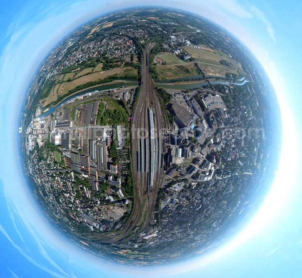 Aerial image Hamm - Fisheye perspective building of the main train station of Deutsche Bahn on Willy-Brandt-Platz in Hamm in the Ruhr area in the state of North Rhine-Westphalia, Germany