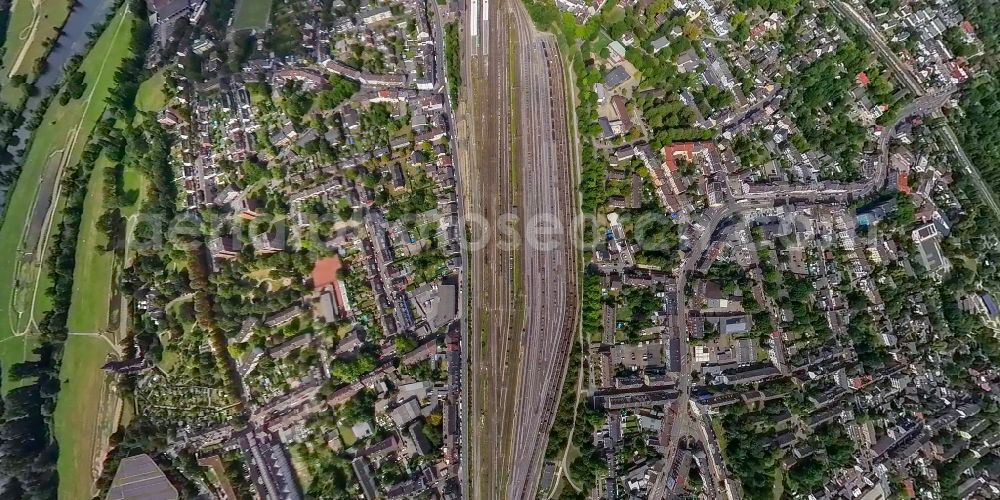 Mülheim an der Ruhr from above - Fisheye perspective track progress and building of the main station of the railway in Muelheim on the Ruhr at Ruhrgebiet in the state North Rhine-Westphalia, Germany