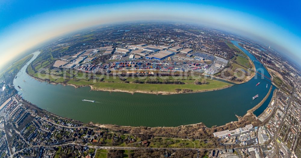 Duisburg from above - Fisheye perspective industrial and commercial area along the Bliersheimer Strasse - Bismarckstrasse - Osloer Strasse - Europaallee overlooking the container port in Duisburg at Ruhrgebiet in the state North Rhine-Westphalia, Germany