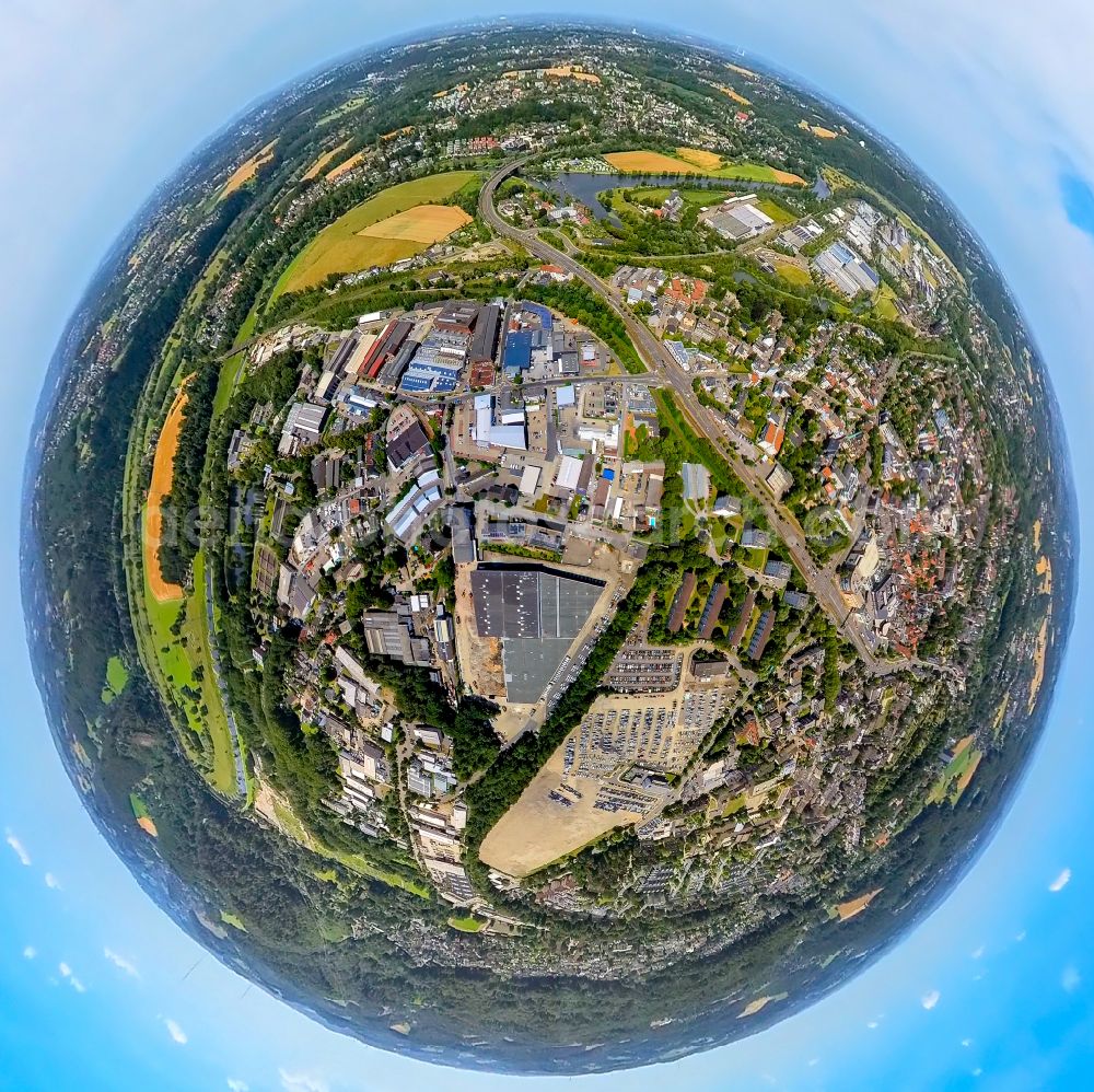 Hattingen from above - Fisheye perspective industrial and commercial area on street Kreisstrasse in Hattingen in the state North Rhine-Westphalia, Germany