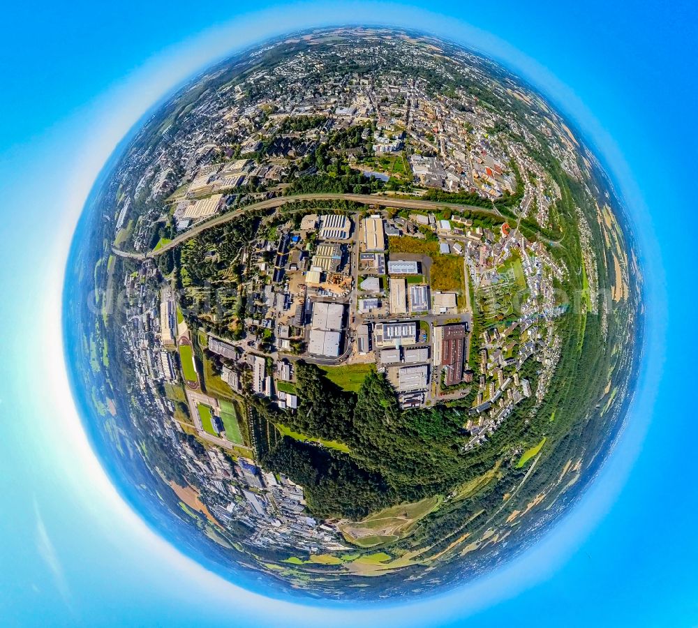 Aerial photograph Velbert - Fisheye perspective industrial and commercial area in the Konrad-Zuse-Strasse und Giessereistrasse in Velbert in the state North Rhine-Westphalia