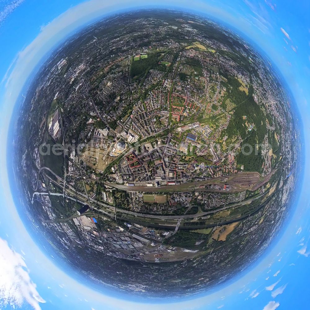 Oberhausen from the bird's eye view: Fisheye perspective cityscape of the district along the Bottroper Strasse - Rheinische Strasse in Oberhausen at Ruhrgebiet in the state North Rhine-Westphalia, Germany