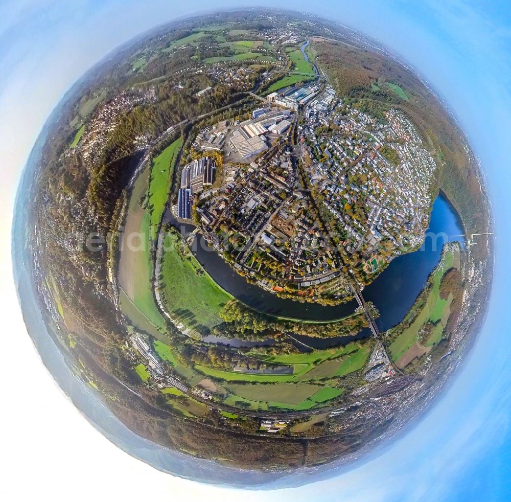 Aerial photograph Wetter (Ruhr) - Fisheye perspective city view of the downtown area on the shore areas of Harkortsee in Wetter (Ruhr) in the state North Rhine-Westphalia, Germany