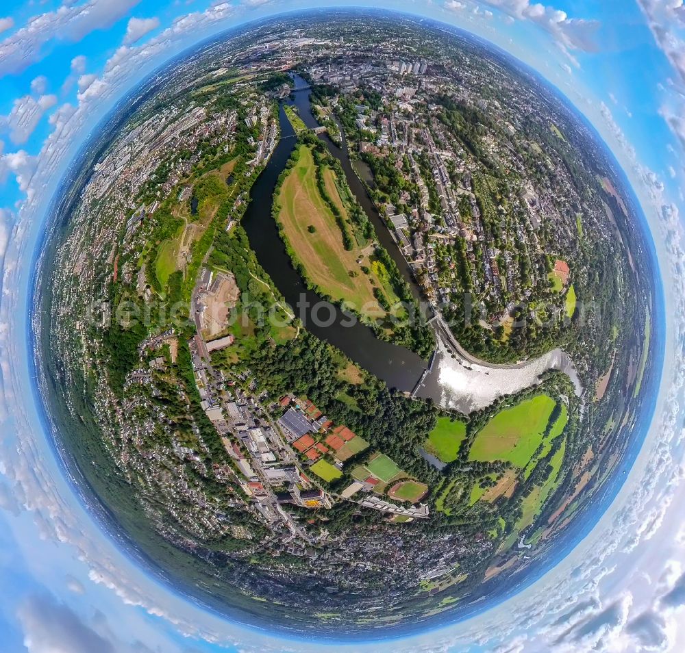 Mülheim an der Ruhr from the bird's eye view: Fisheye perspective island on the banks of the river course in Muelheim on the Ruhr at Ruhrgebiet in the state North Rhine-Westphalia, Germany