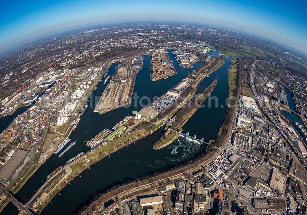 Aerial photograph Duisburg - Fisheye perspective quays and boat moorings at the port of the inland port on Rhein and on Ruhr in the district Ruhrort in Duisburg at Ruhrgebiet in the state North Rhine-Westphalia, Germany